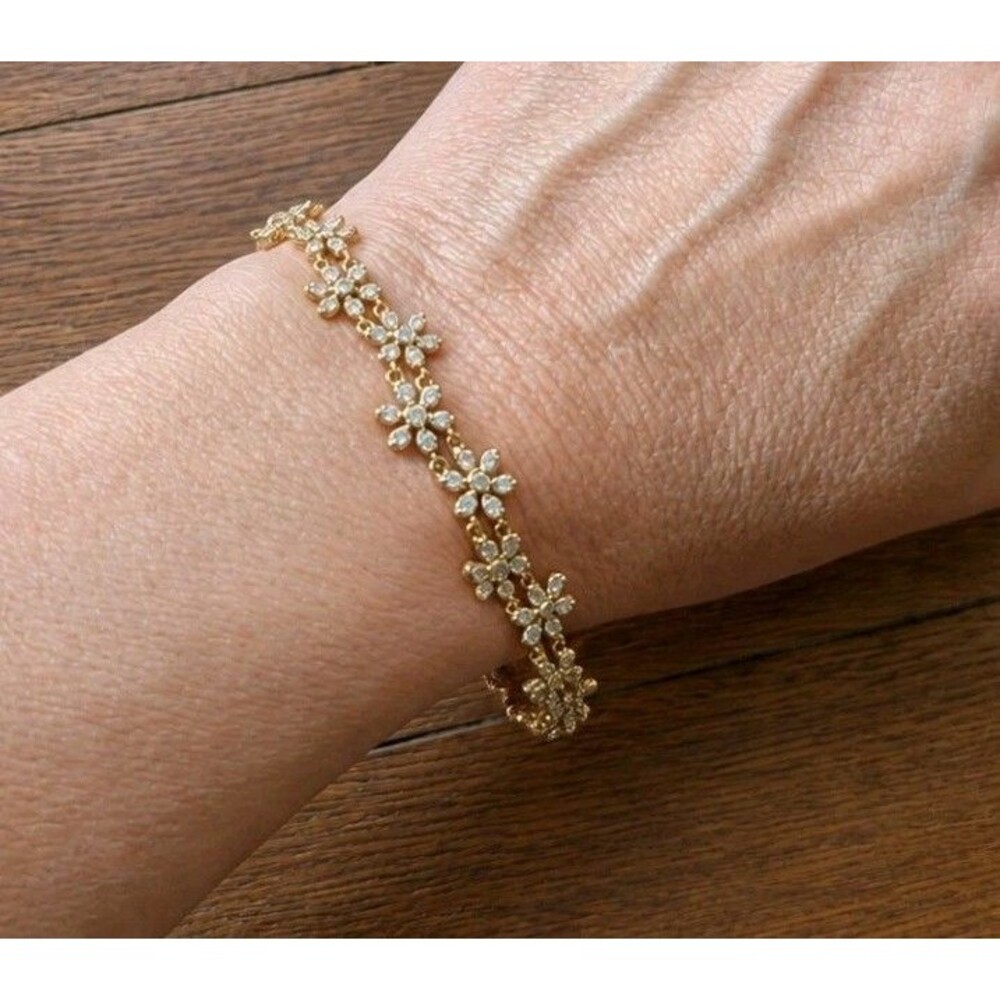 925 Sterling Silver Gold Vermeil CZ Flower Tennis Bracelet, 7.5"